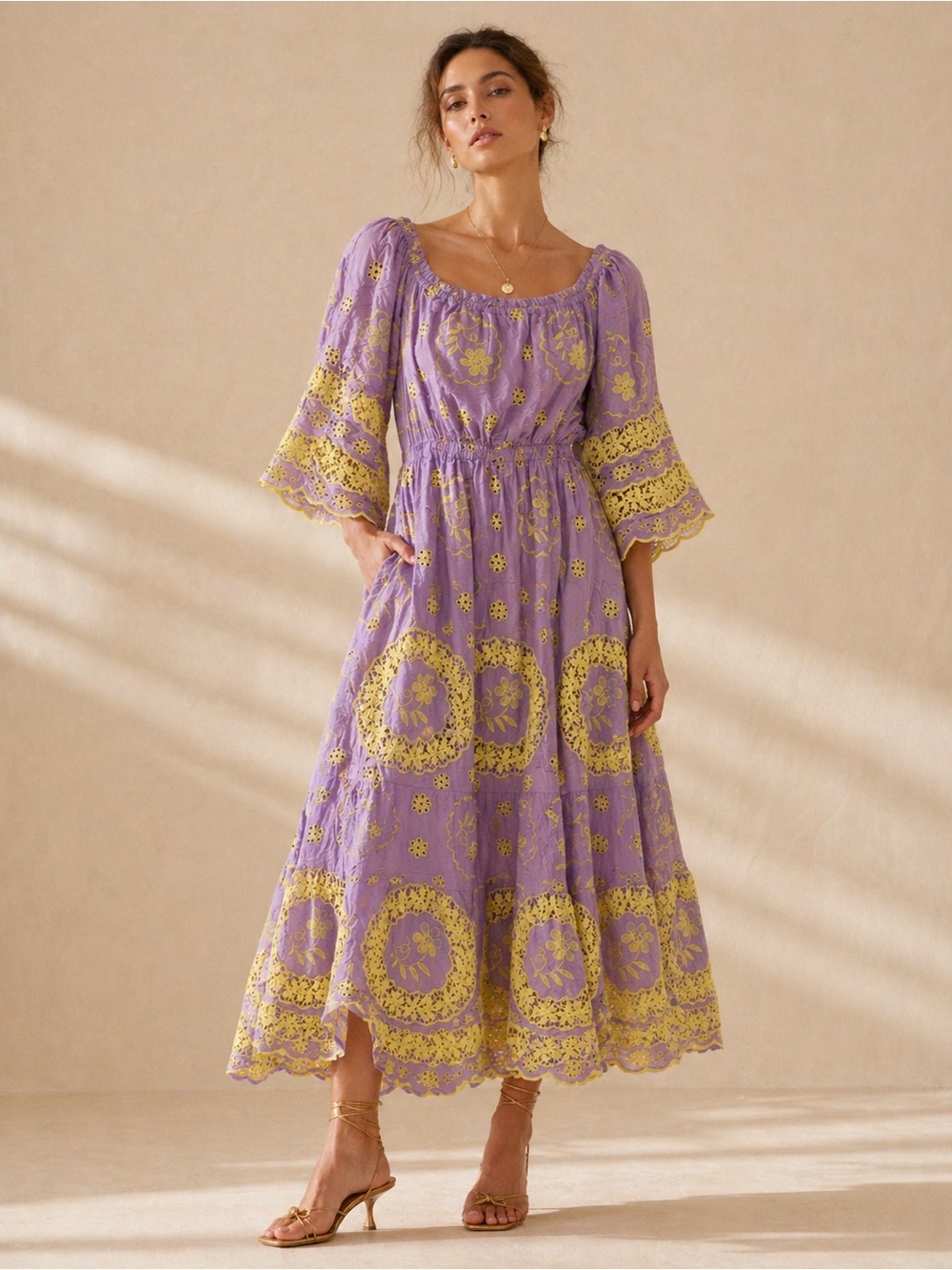 Lavender & Yellow Embroidered Maxi Dress